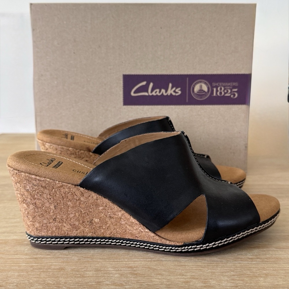 Clarks Collection Helio Island Black Leather Cork Wedge Sandals Women 8 M Resort
